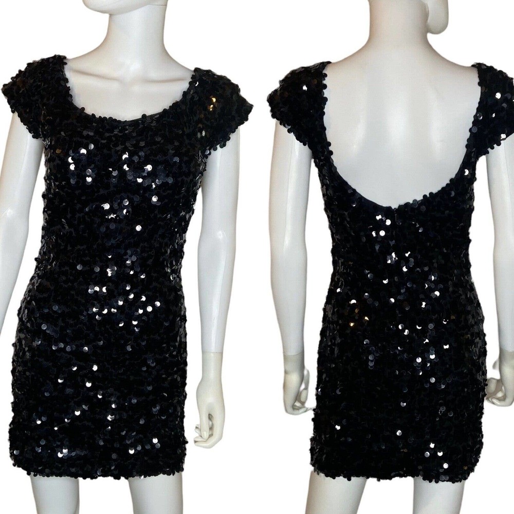 Flirt by Maggie Sottero Black Short Sleeve Sequin Stretch Mini Dress sz 8 - Picture 1 of 7